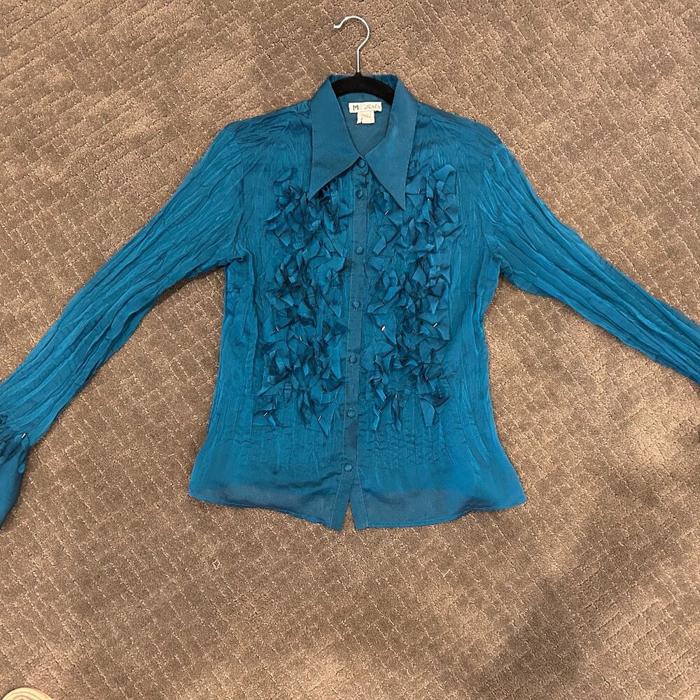 PEACOCK TEAL BEADED CHIFFON BLOUSE, FRENCH CUFFS